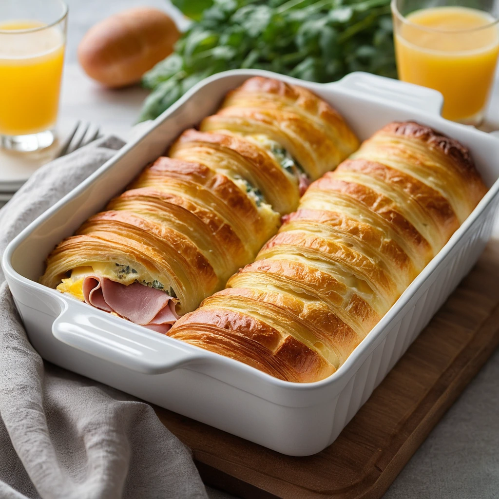 A rectangular baking dish filled with a golden, bubbly ham, egg, and cheese mixture topped with flaky croissant pieces.