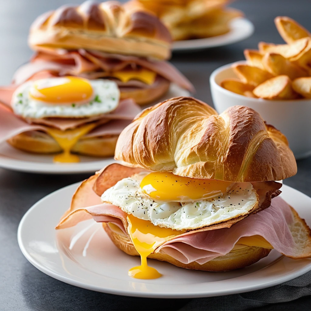 Two open-faced croissant sandwiches, golden brown with melted cheese and a sunny-side-up egg, garnished with crispy ham.