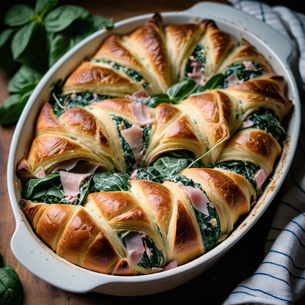 Golden brown croissant bake topped with melted Swiss cheese and flecks of green spinach, served in a rustic casserole dish.