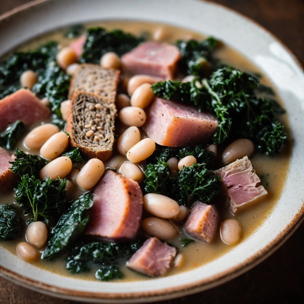 Rustic bowl of stew with white beans, kale, and ham chunks, topped with a sprinkle of fresh herbs.