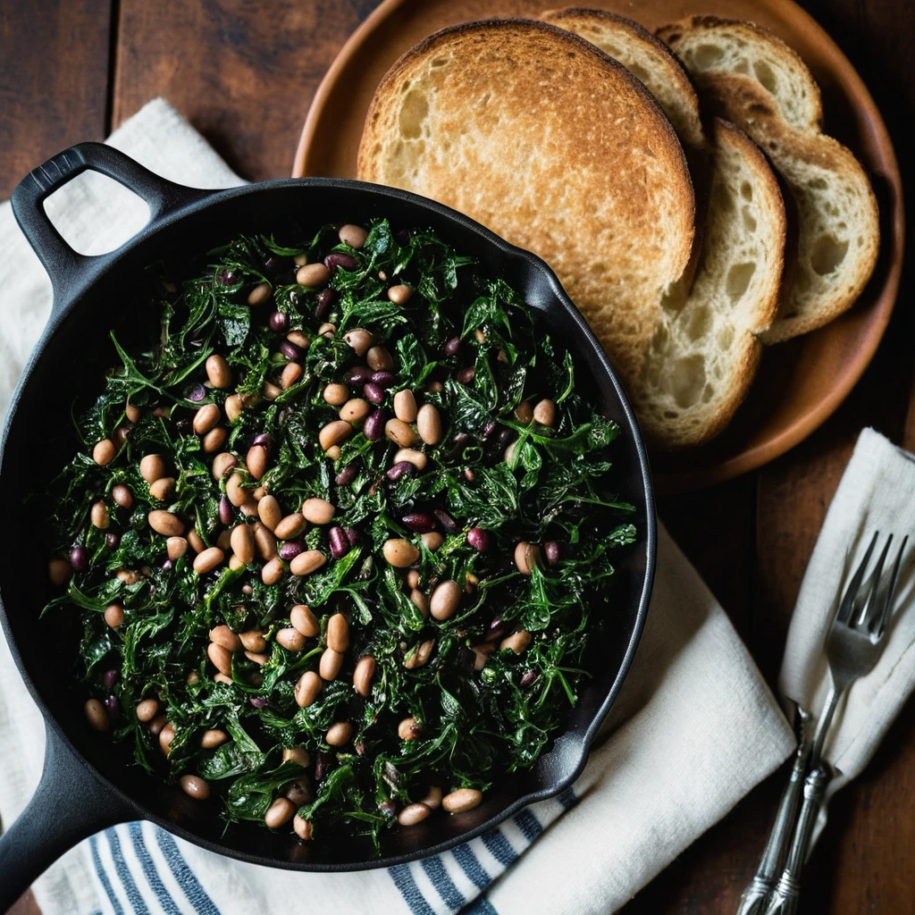 A rustic skillet with a mix of dark greens and beans, served with golden toast on the side.