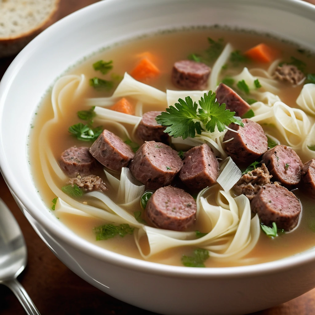 Bowl of steamy soup with chunks of sausage and shredded cabbage, garnished with fresh parsley.