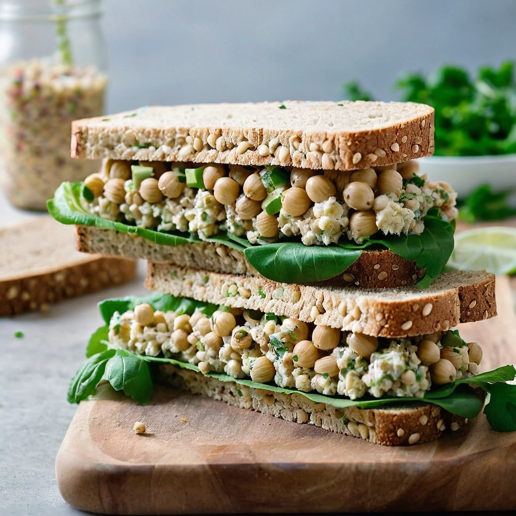 Two thick slices of whole grain bread filled with vibrant chickpea salad, garnished with fresh parsley.