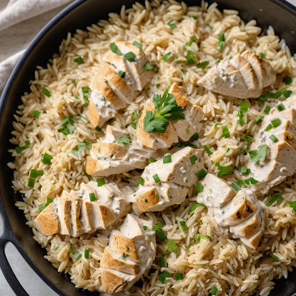 Golden chicken pieces nestled in a creamy, yellow-hued rice skillet, sprinkled with fresh parsley.