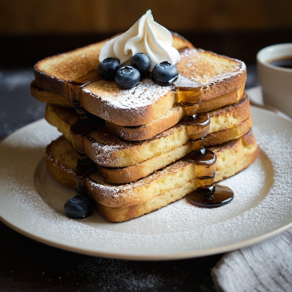Stacked slices of golden brown french toast with a sprinkle of powdered sugar and a drizzle of maple syrup on a rustic plate.