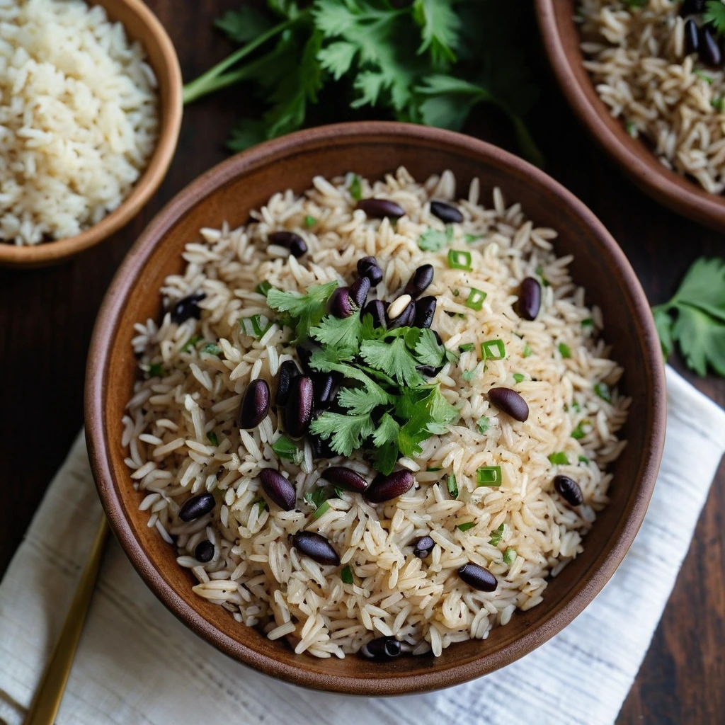 Golden rice with black beans in a creamy garlic sauce, served in a rustic bowl garnished with fresh parsley.