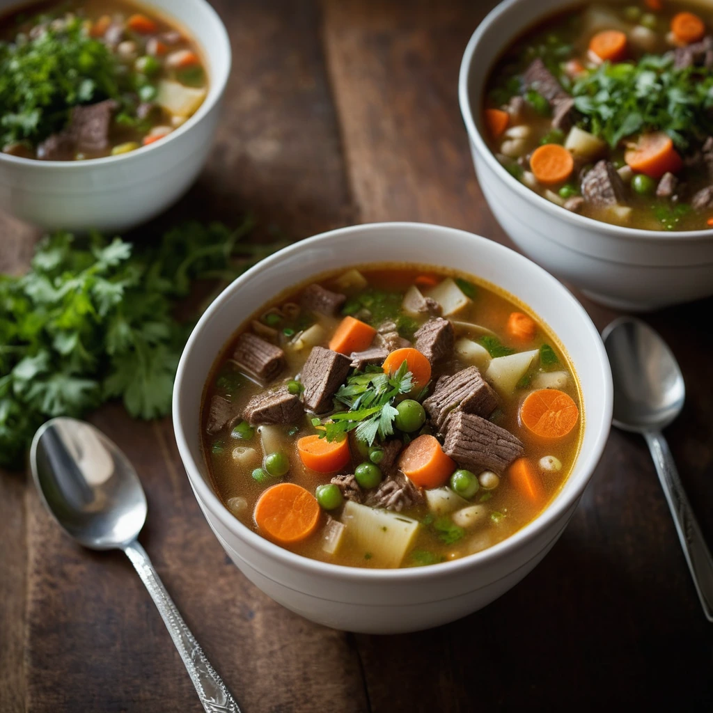 Steamy bowl of soup with chunks of beef, carrots, celery, and peas in a golden broth, garnished with fresh parsley.