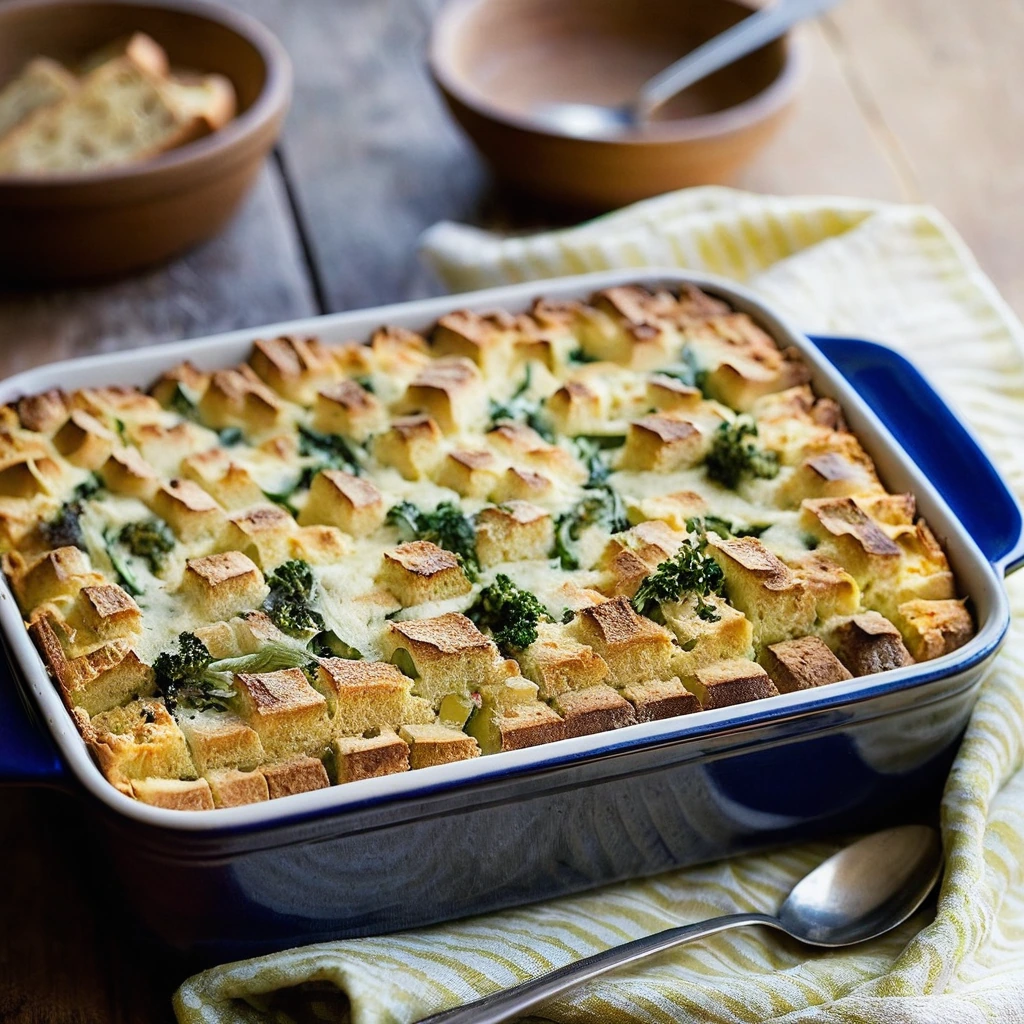 Golden strata baked in a casserole dish with melted cheese on top and visible layers of bread and vegetables