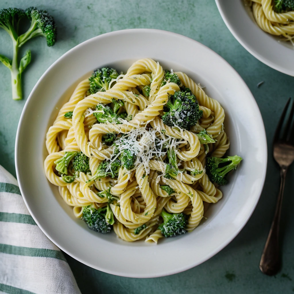 Golden pasta twirled with vibrant green broccoli florets in a glossy lemon-butter sauce, served in a rustic bowl.