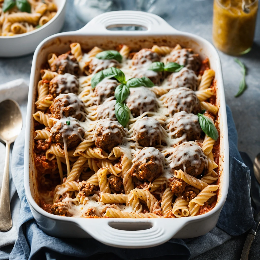 Golden bubbly pasta bake with meatballs in a baking dish, sprinkled with melted mozzarella.
