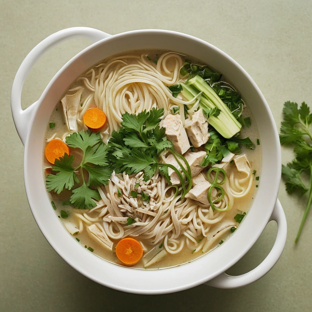 Golden soup in a bowl with chunks of chicken, noodles, and rice, garnished with fresh parsley.