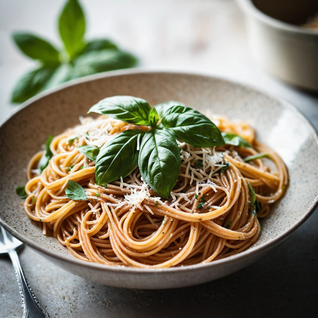 A rustic bowl of saucy spaghetti topped with a sprinkle of Parmesan and fresh basil