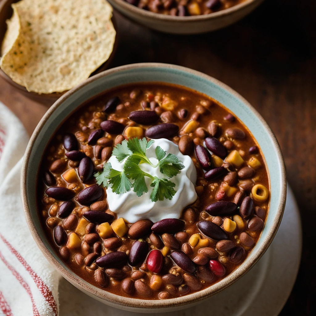 Steaming bowl of dark red chili with golden cornbread on the side