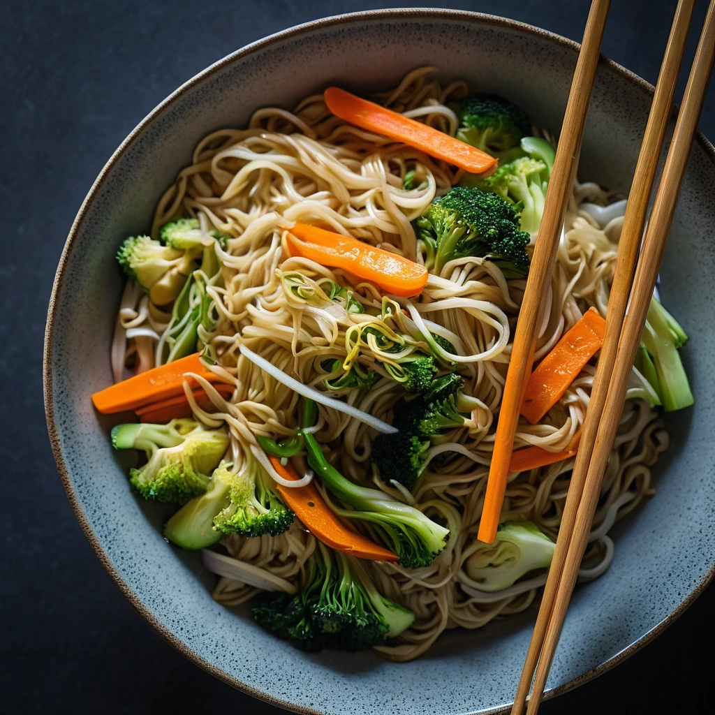 Golden carrots and vibrant green cabbage sautéed with ramen noodles in a glossy sauce, served in a bowl.