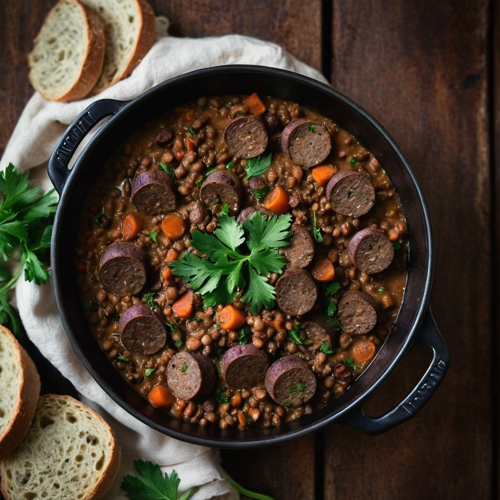 Rustic skillet with a rich, dark stew topped with green parsley and slices of sausage.