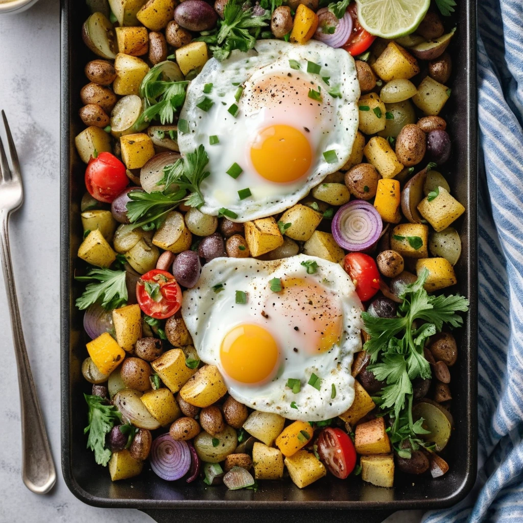 Sheet pan with a rustic hash of diced potatoes, bell peppers, onions, and sunny-side-up eggs, sprinkled with fresh parsley.