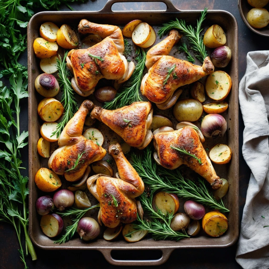 Sheet pan with roasted chicken legs and potatoes, golden brown with crispy edges, garnished with fresh herbs.