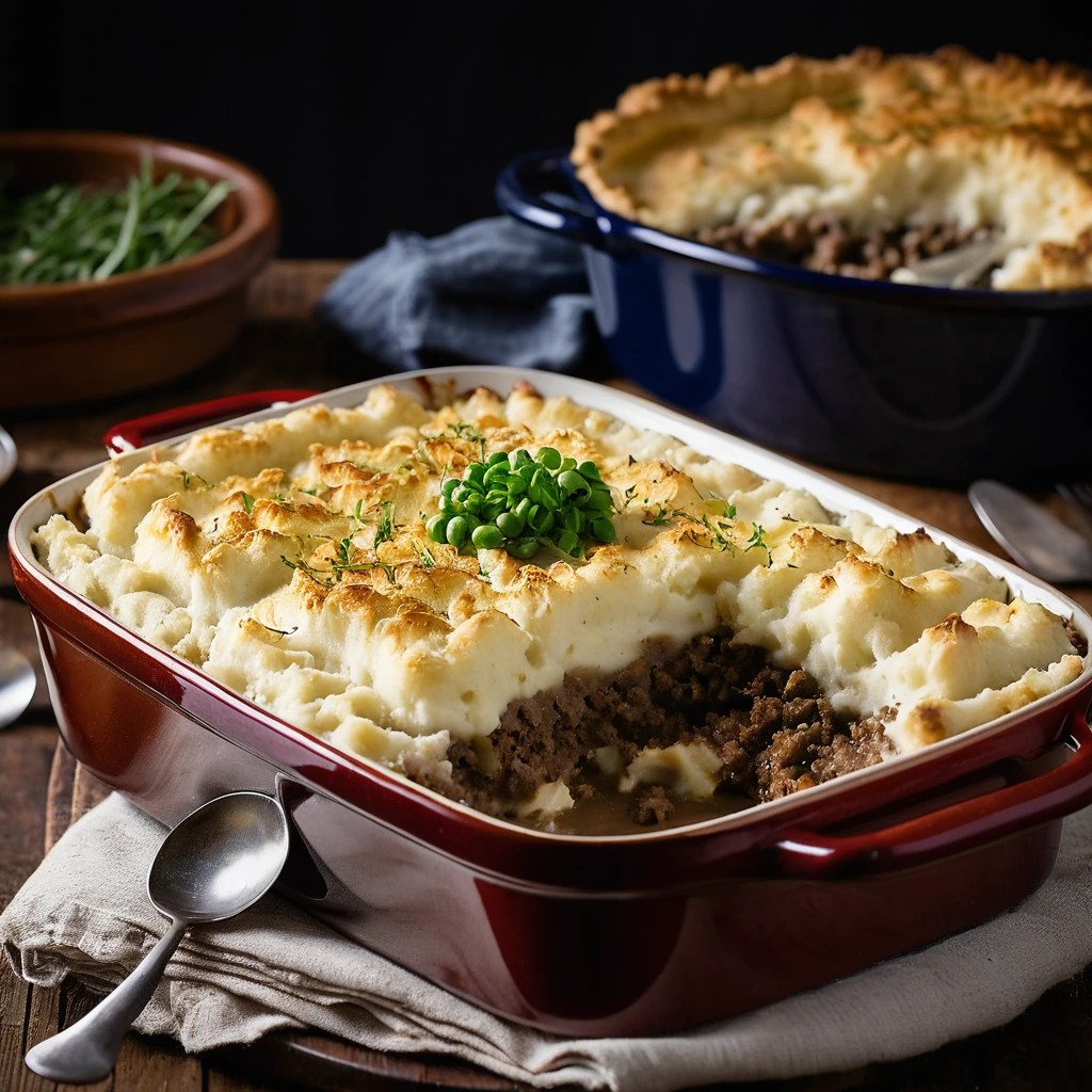 Rustic baking dish filled with golden-brown mashed potatoes topping a savory beef mixture.