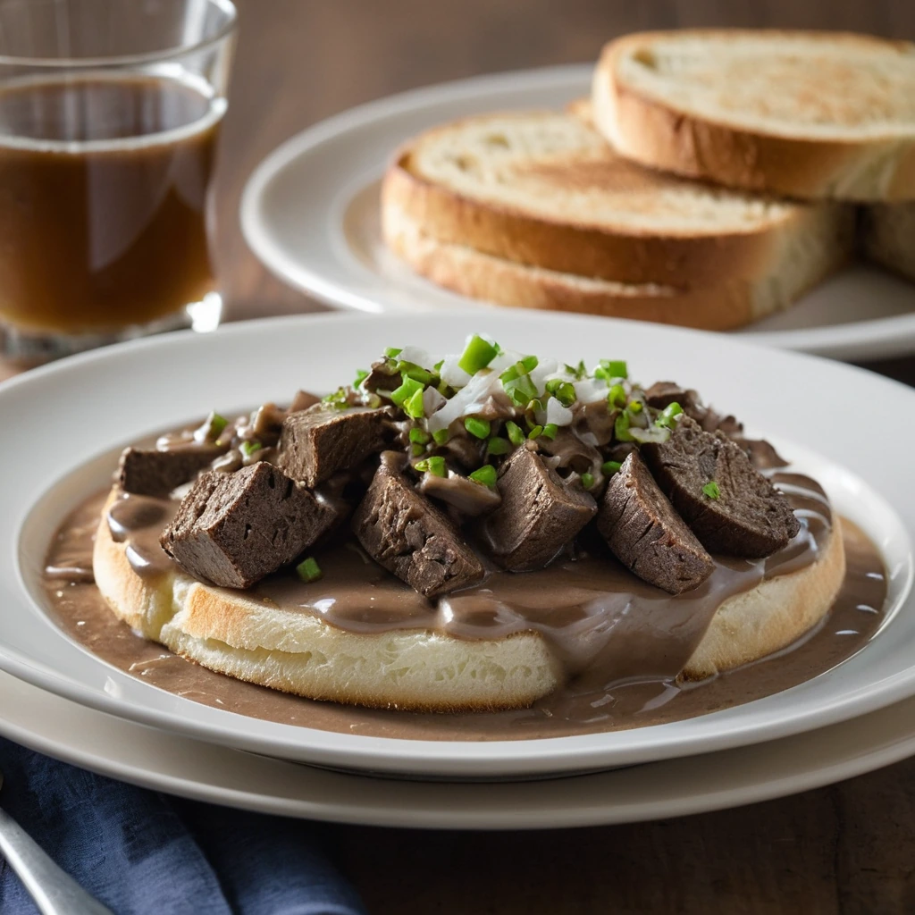 Rich brown gravy with tender ground beef chunks spooned over two slices of golden toasted bread.