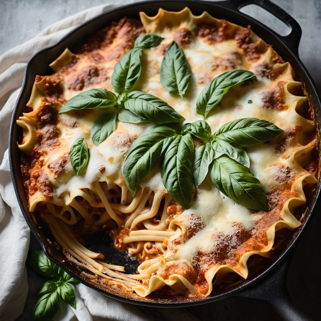 Skillet filled with bubbly, golden-brown lasagna topped with a blanket of melted cheese and fresh basil.