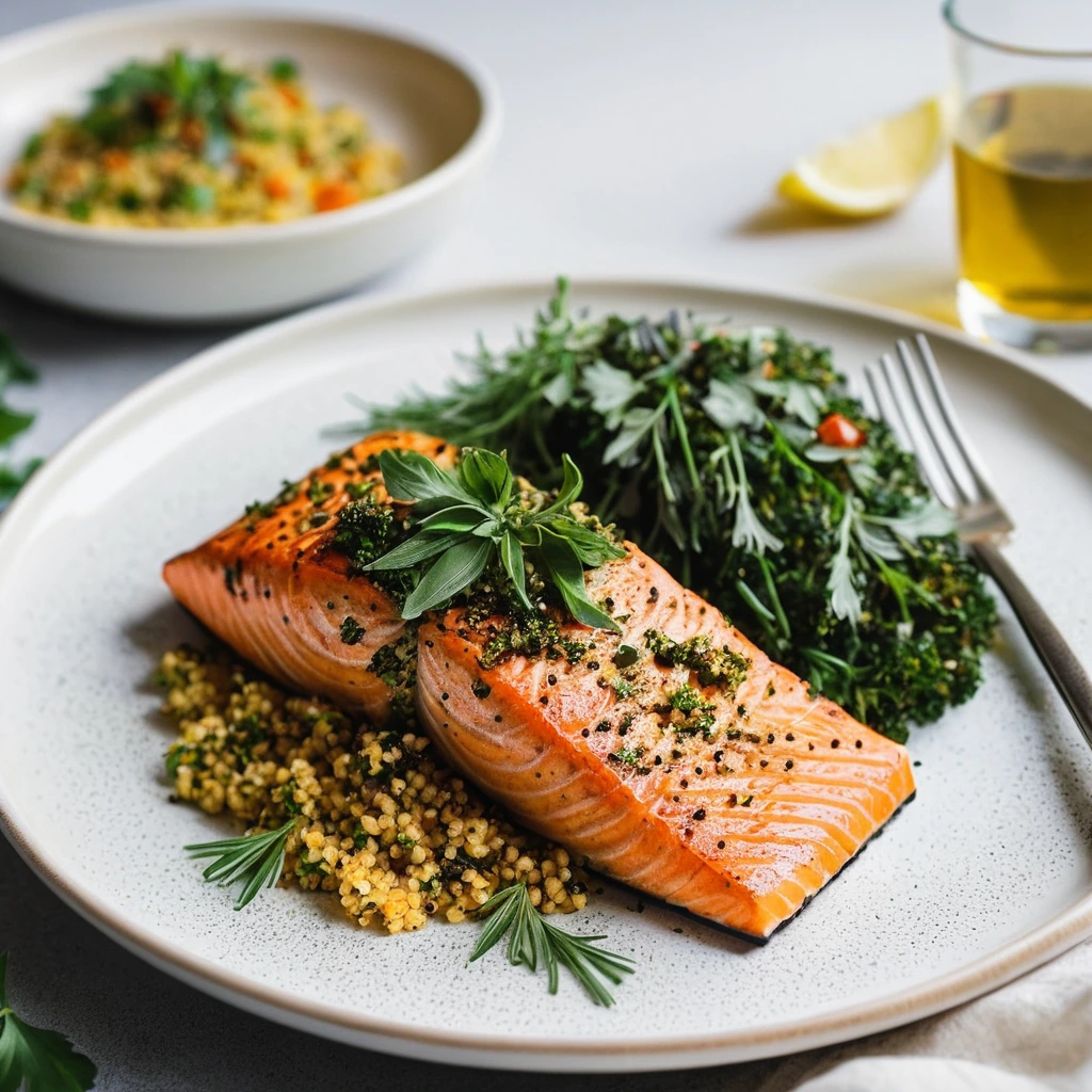 Baked salmon fillet with golden couscous and green herbs on a white plate