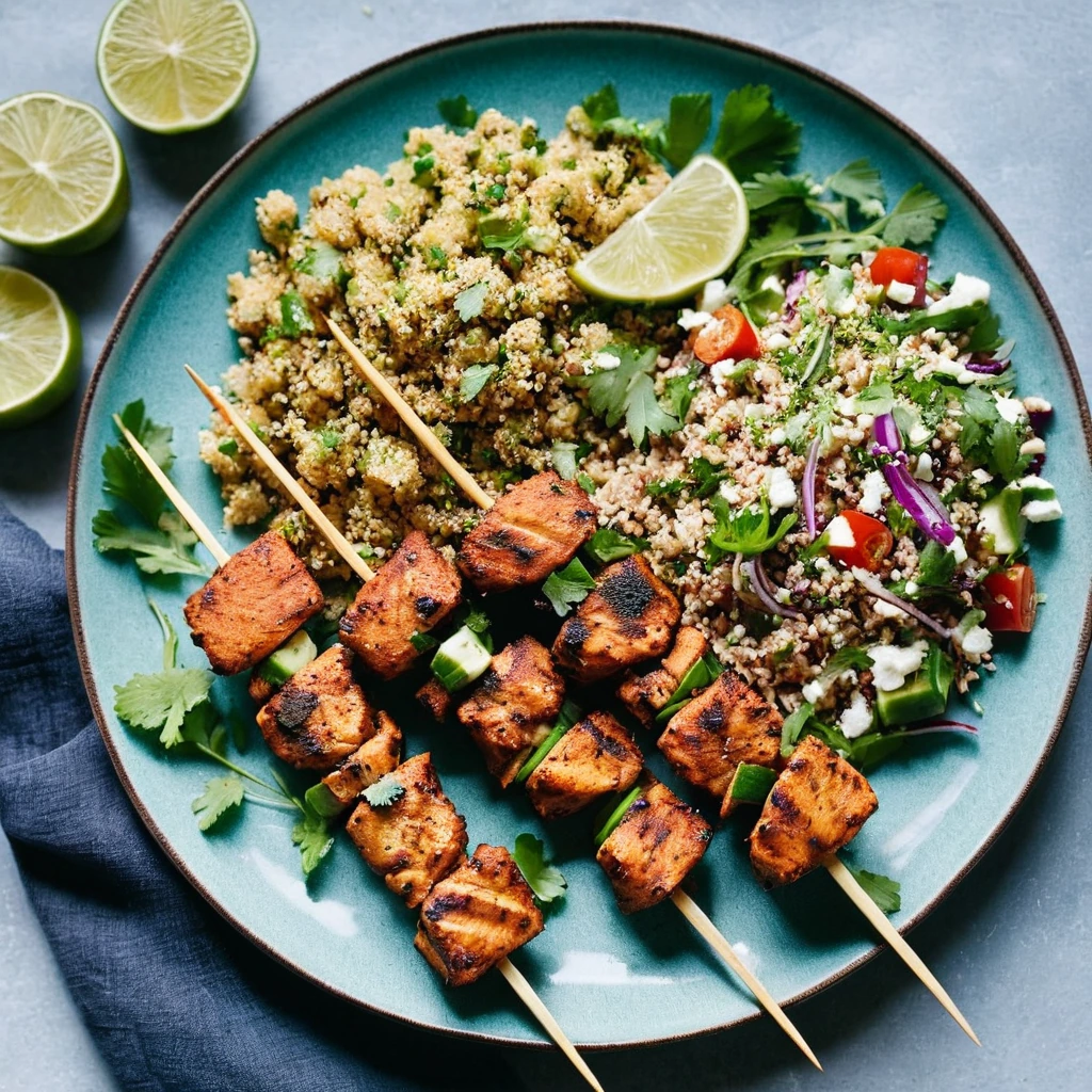 Grilled chicken skewers on a plate with a colorful couscous salad beside them, garnished with fresh cilantro.