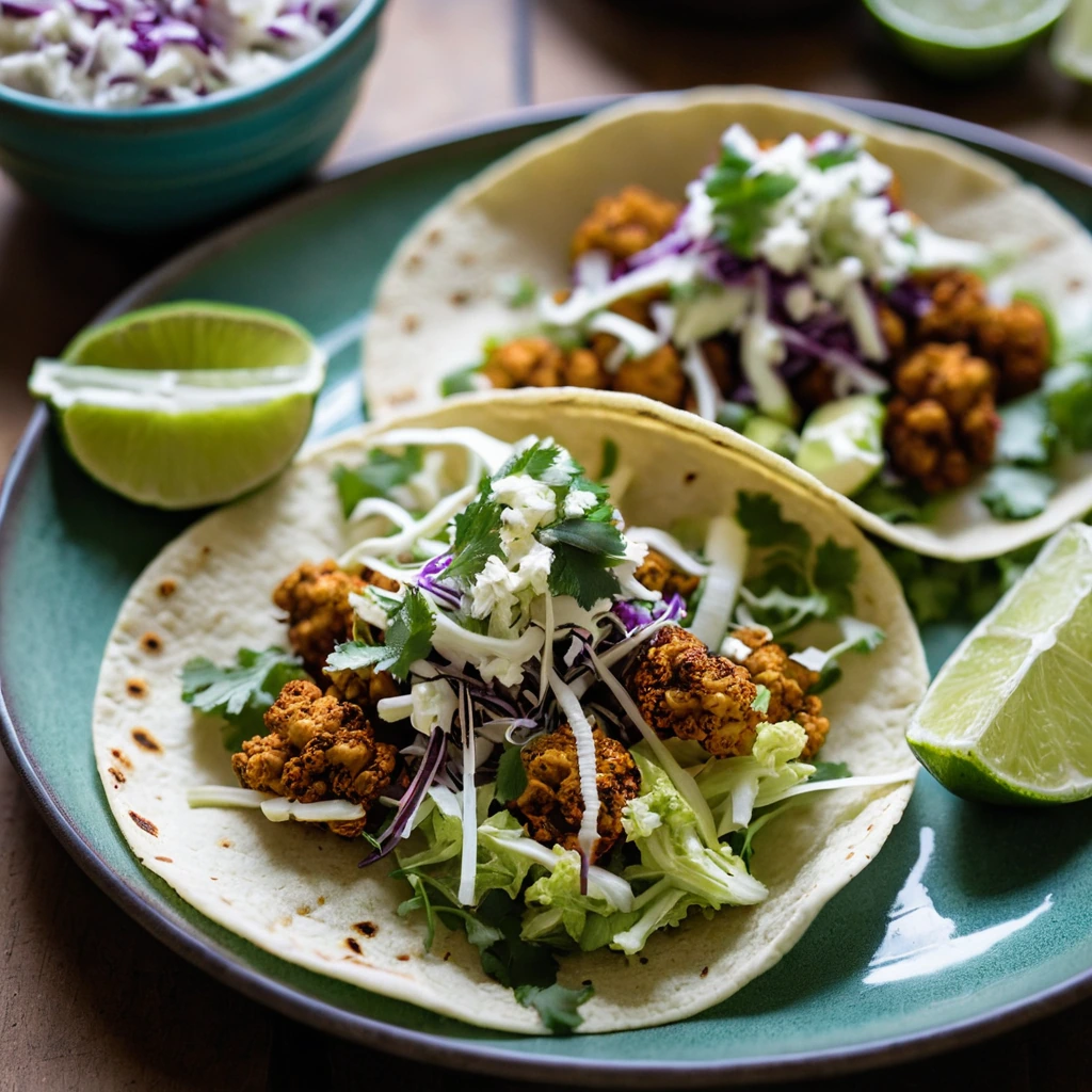Colorful tacos with roasted cauliflower and green slaw in a rustic plate.