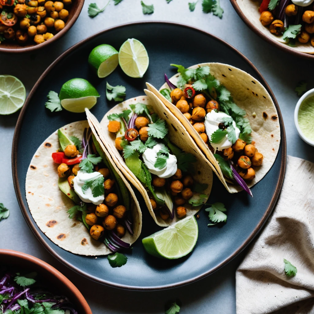 Colorful roasted vegetables and chickpeas in warm corn tortillas with a sprinkle of fresh cilantro.