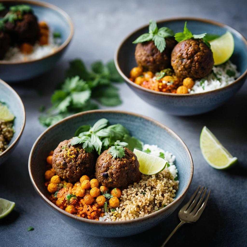 Colorful bowls with golden couscous, orange lamb meatballs, and a white drizzle of sauce.