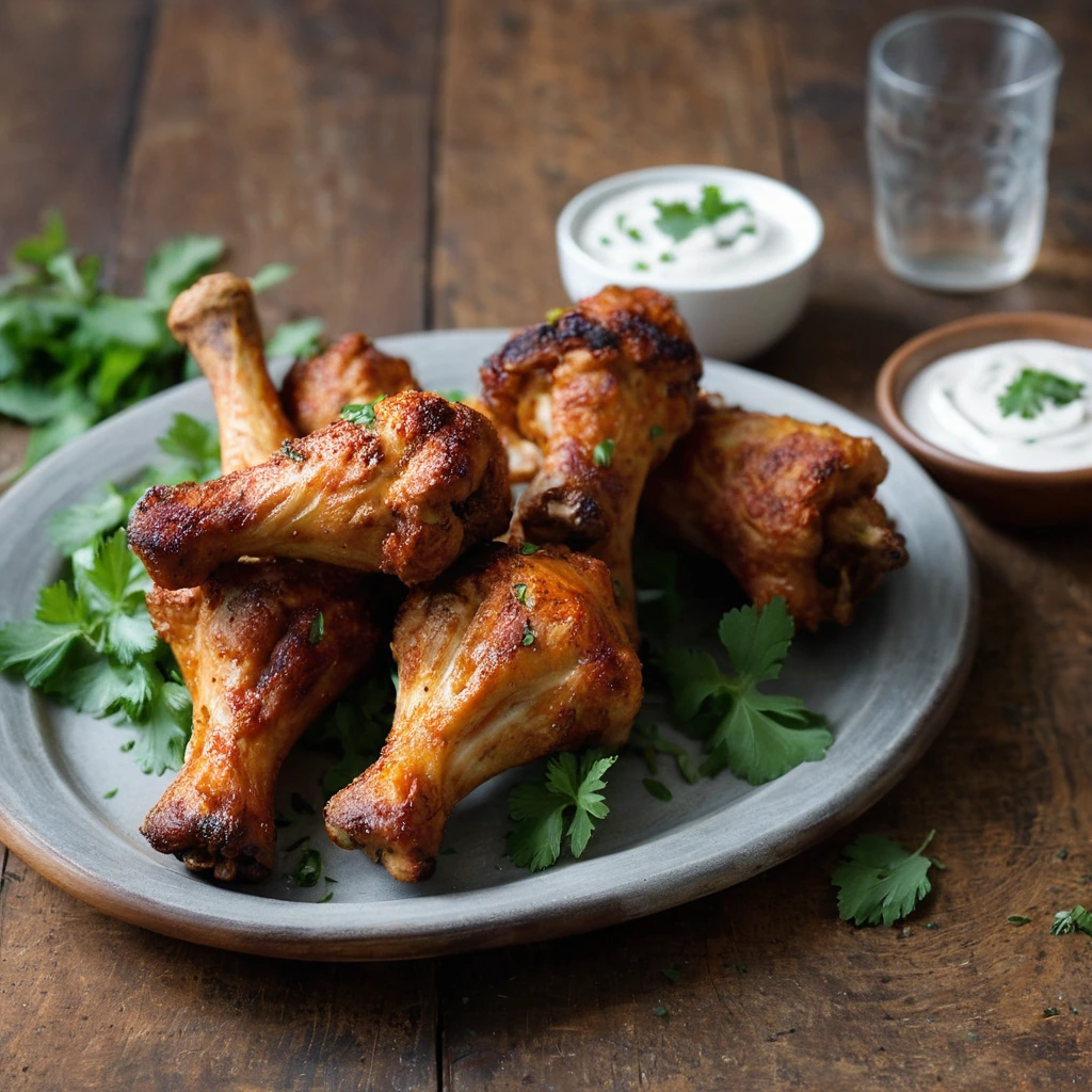 Golden roasted chicken drumsticks on a rustic wooden board, sprinkled with fresh cilantro.