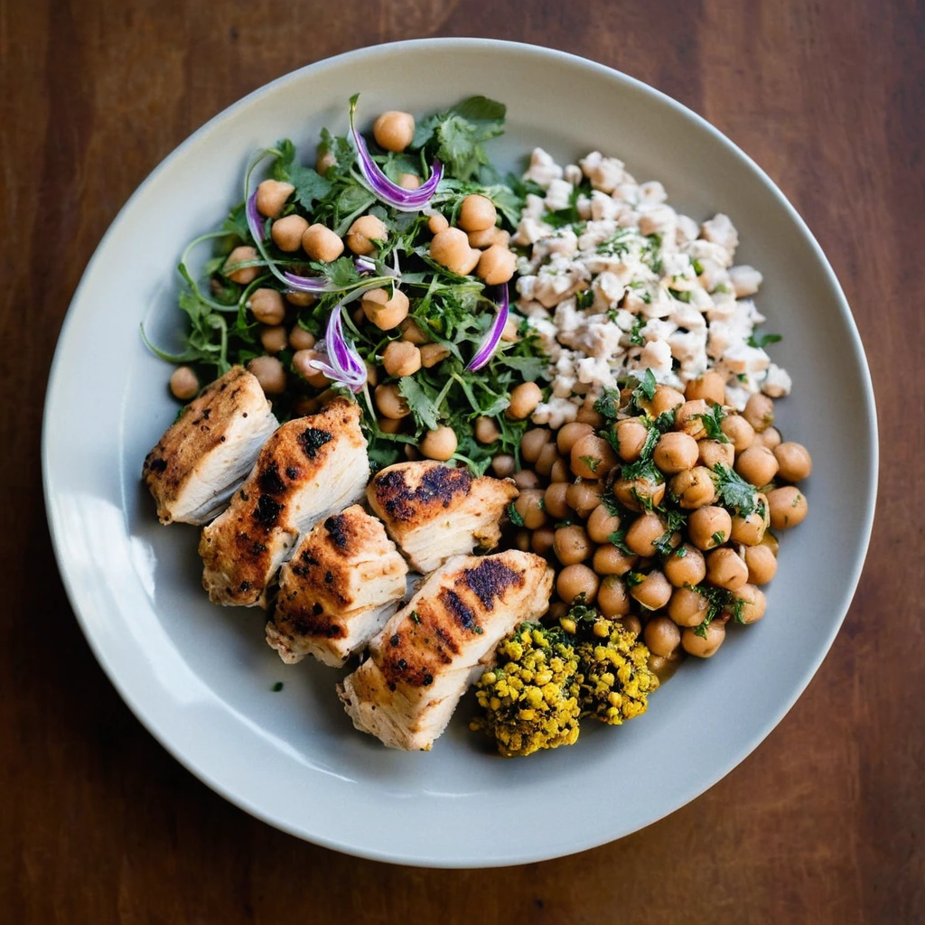 Grilled chicken thighs over a warm chickpea salad with green herbs and golden spices in a shallow bowl.