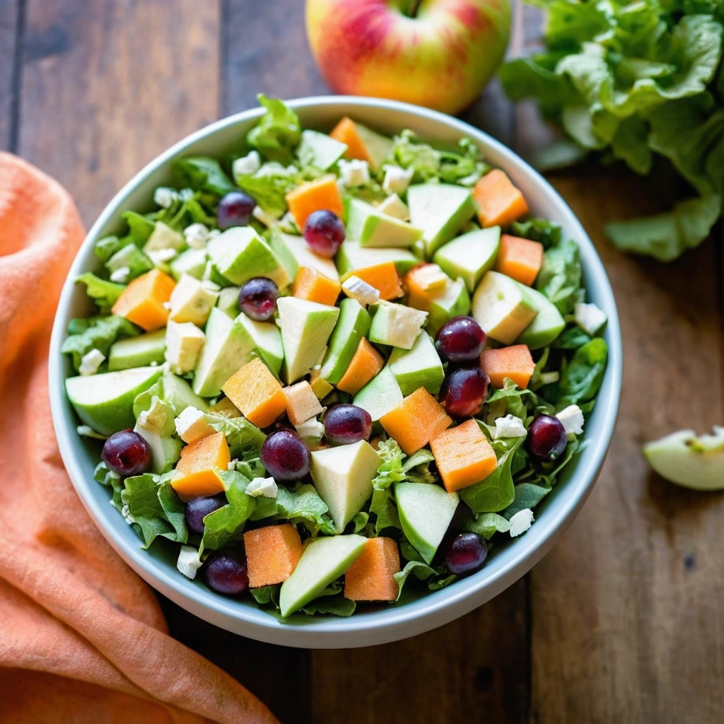 Colorful chopped salad in a bowl with green lettuce, red apples, orange carrots, and cubes of white cheddar cheese.