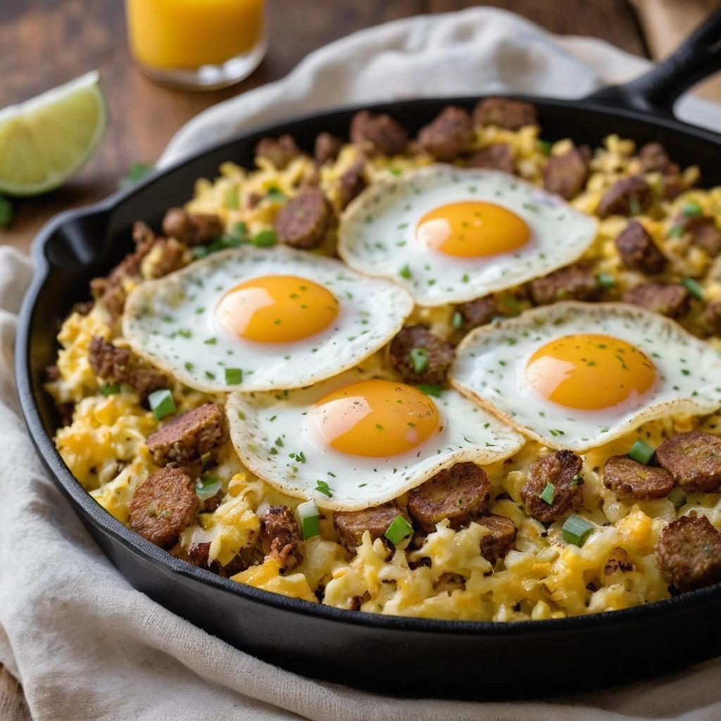 A skillet filled with crispy hash browns, crumbled sausage, and fluffy scrambled eggs topped with melted cheddar cheese.
