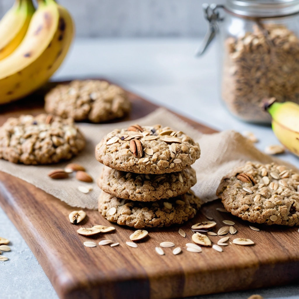 Golden brown cookies on a rustic wooden board sprinkled with oats and banana slices.
