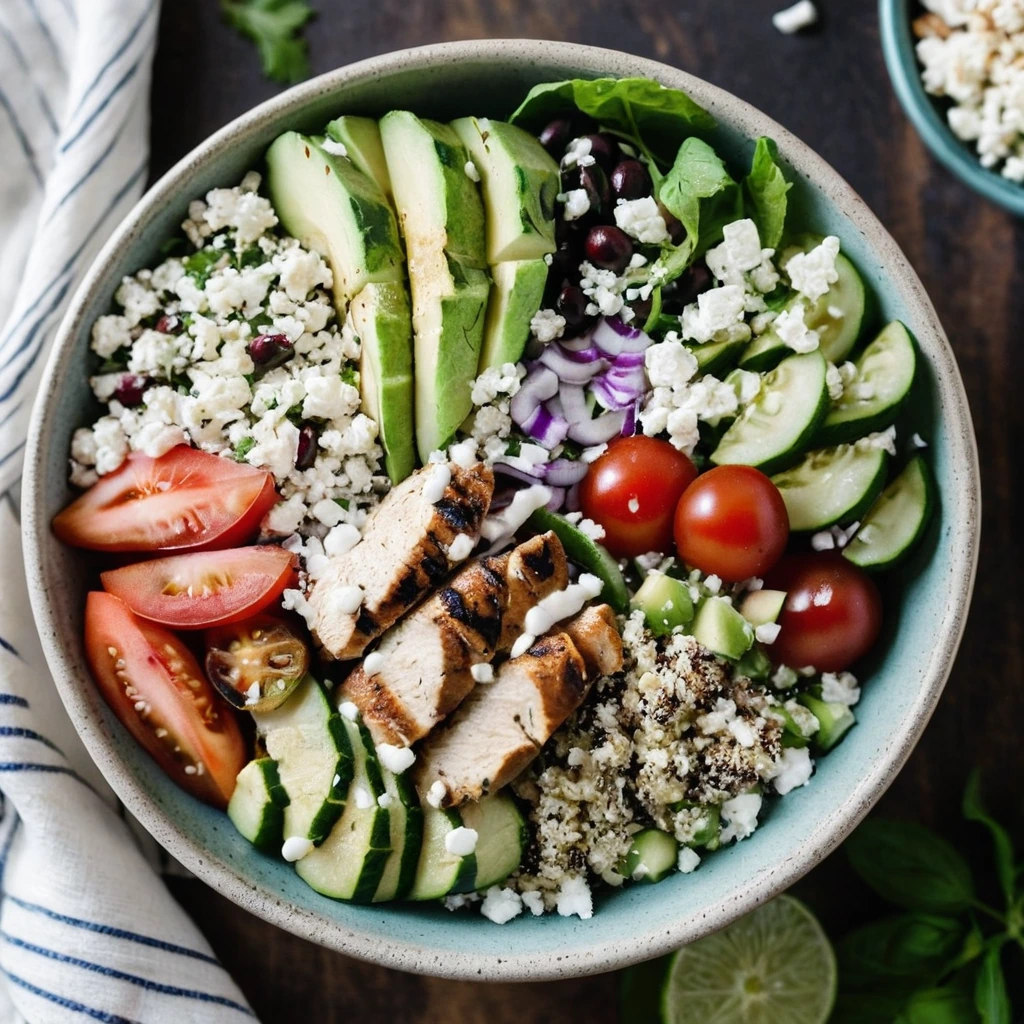 Colorful bowl with grilled chicken, quinoa, cucumbers, tomatoes, feta, and a drizzle of dressing.