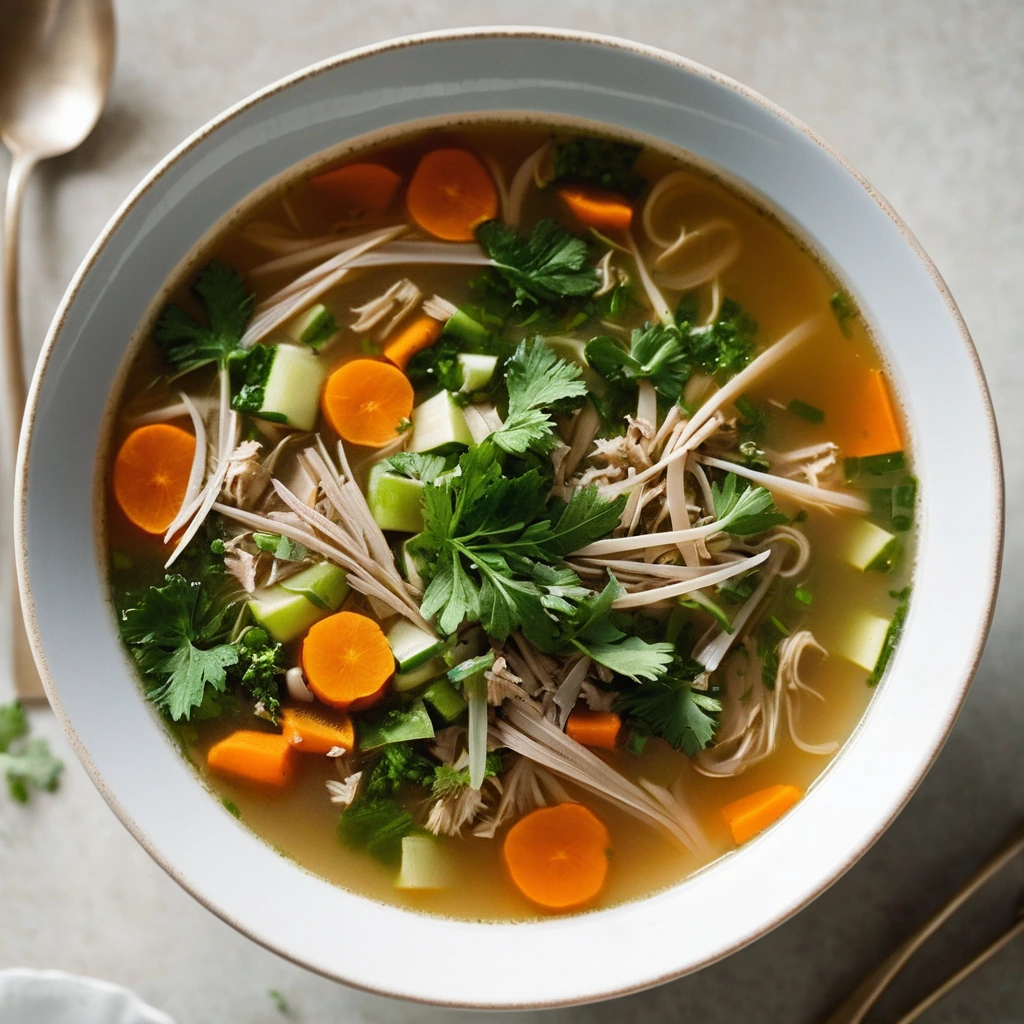 A steaming bowl of vibrant orange and green vegetables with shredded turkey in a golden broth, garnished with fresh parsley.