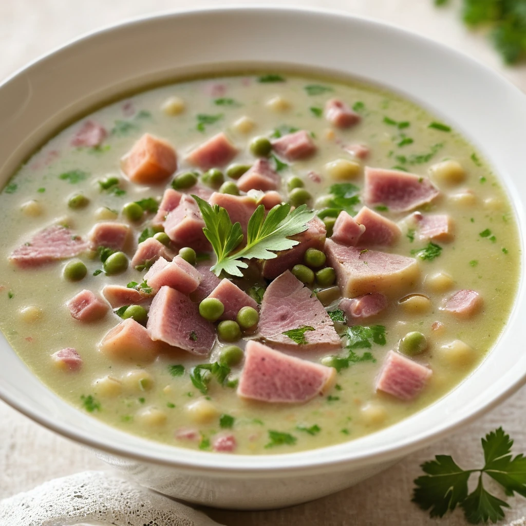 Steamy bowl of thick, golden soup with chunks of ham and peas, garnished with fresh parsley.