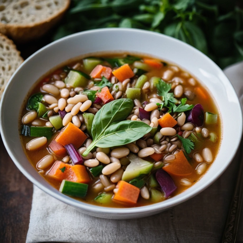 Bowl of vibrant minestrone soup with chunks of vegetables and farro