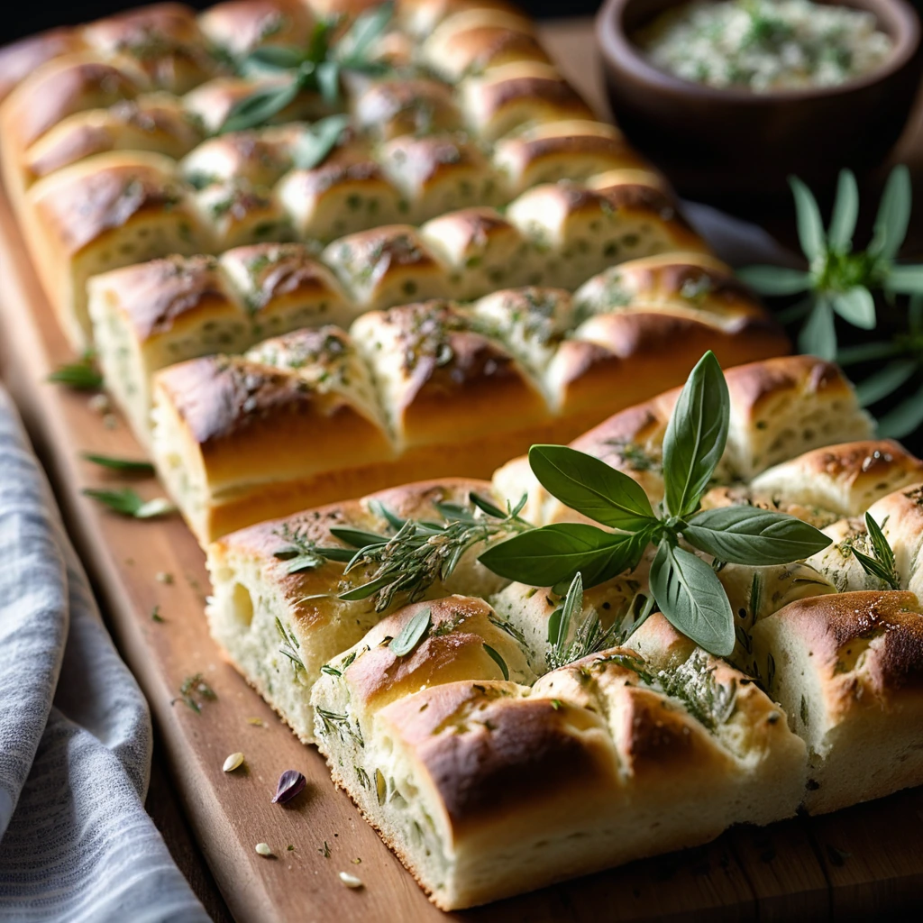Rustic golden focaccia bread with olive oil-slicked dimples, sprinkled with herbs and garlic.