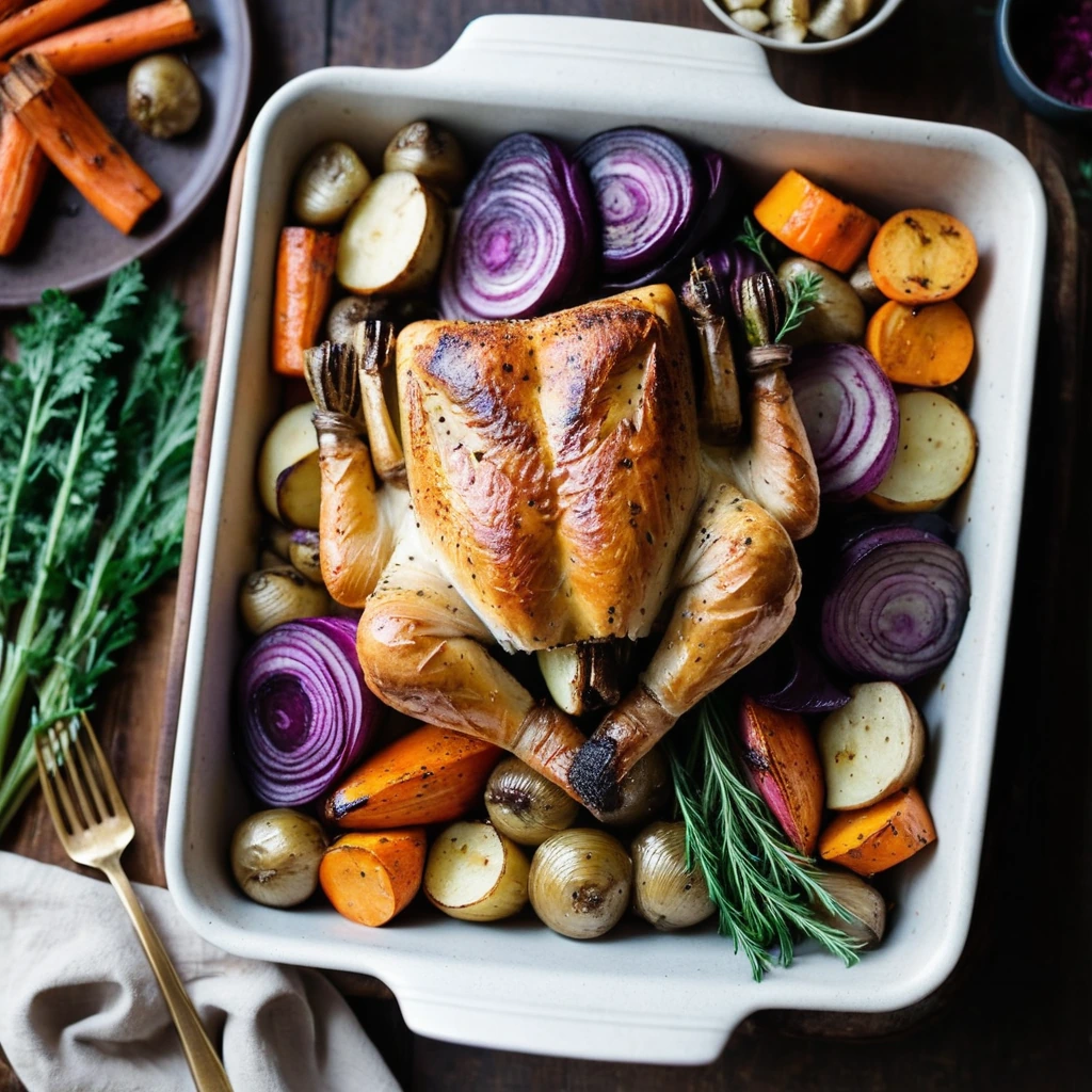 Golden roast chicken surrounded by colorful caramelized root vegetables on a sheet pan.