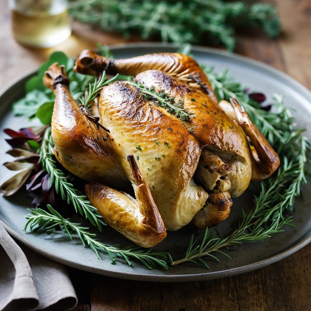 Whole roasted spatchcock chicken with crispy golden skin and fresh herbs scattered on a rustic platter.