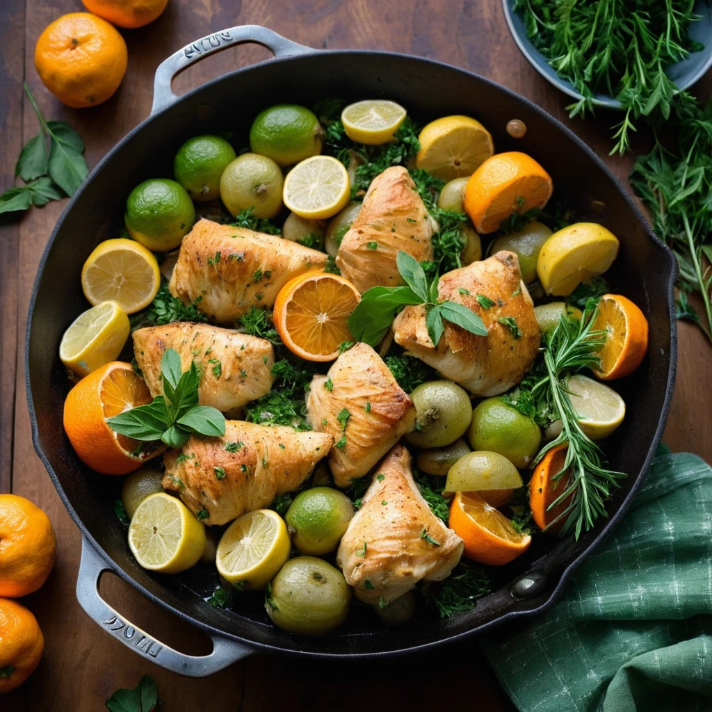 Golden chicken pieces and diced potatoes in a vibrant green and orange skillet.
