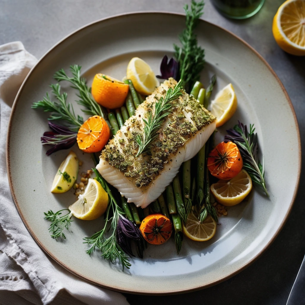 Platter of golden cod fillets topped with green herbs, surrounded by roasted orange and red winter vegetables.