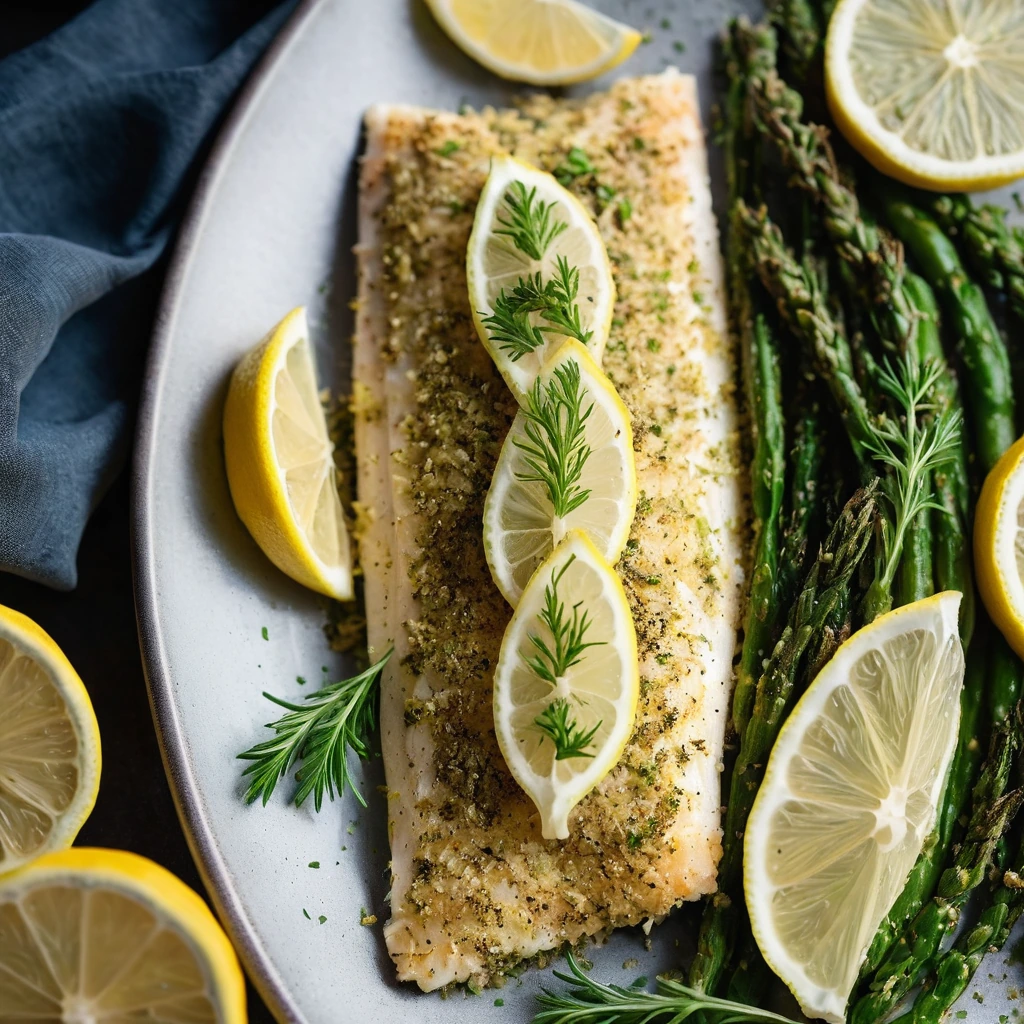 Golden herb-crusted haddock fillets on a baking sheet, garnished with lemon slices and fresh parsley.