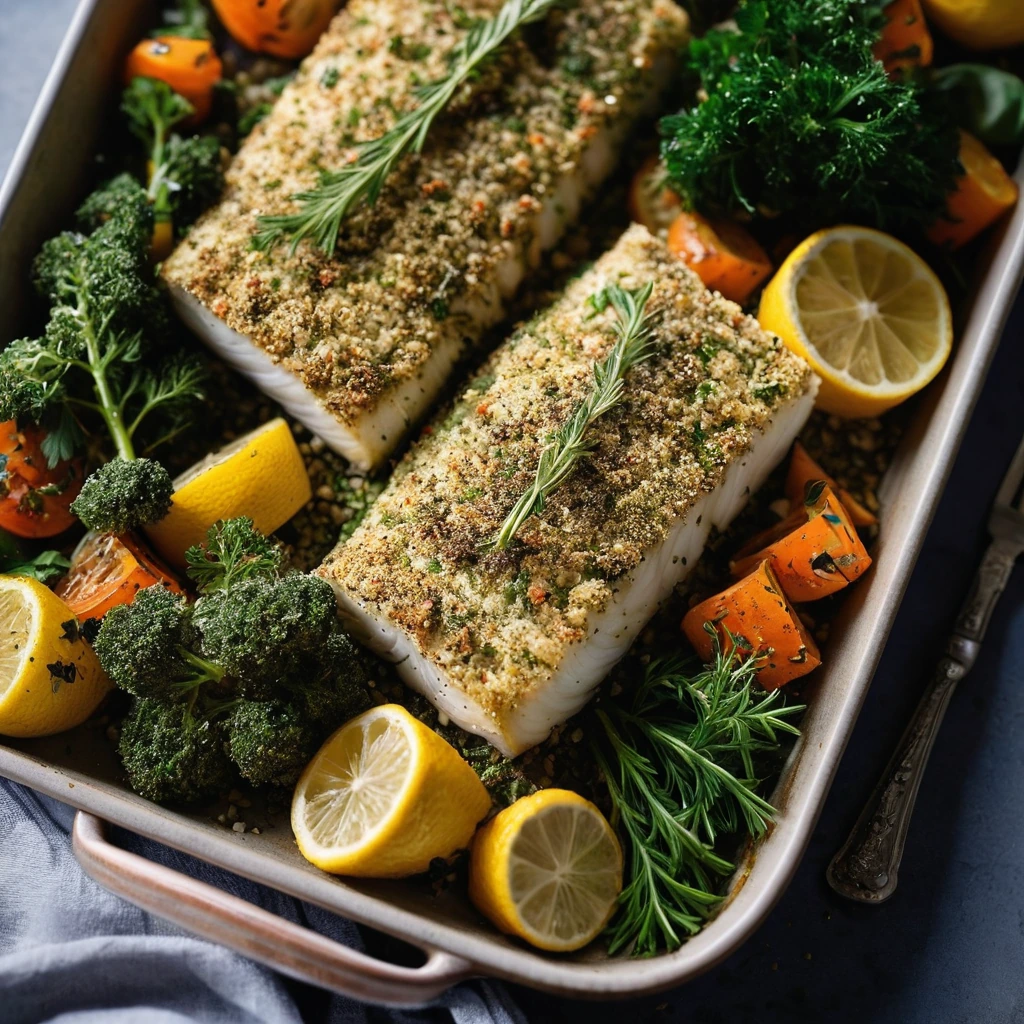 Golden herb-crusted cod fillets nestled among roasted colorful vegetables on a tray.