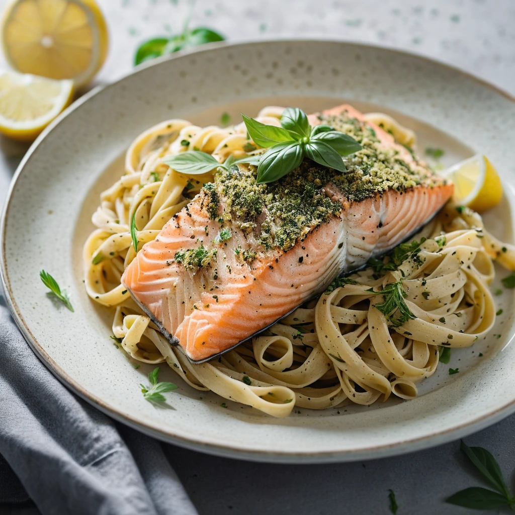 Plate of pasta with a herb-crusted salmon fillet on top, lemon slices and fresh herbs scattered around.