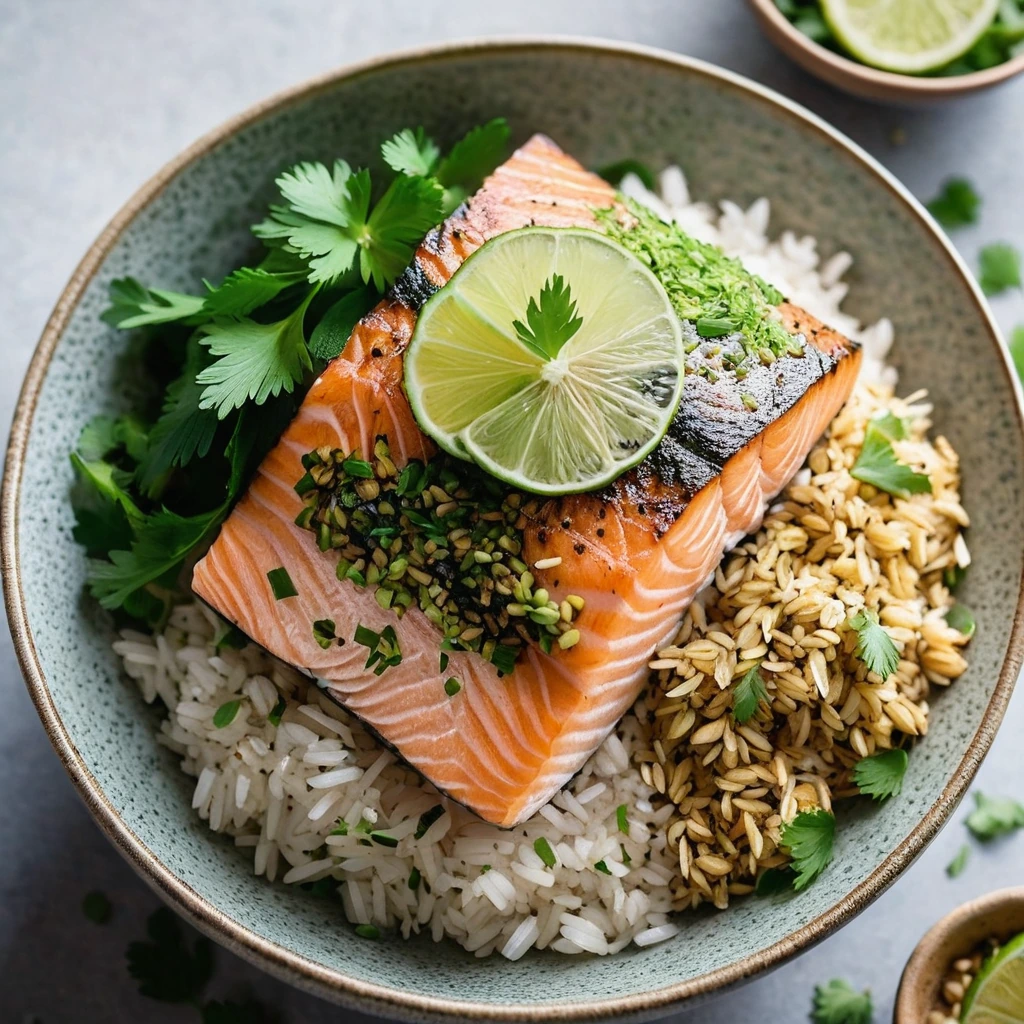 Golden herb-crusted salmon fillet atop a bed of fragrant jasmine rice, garnished with lime wedges and fresh cilantro.