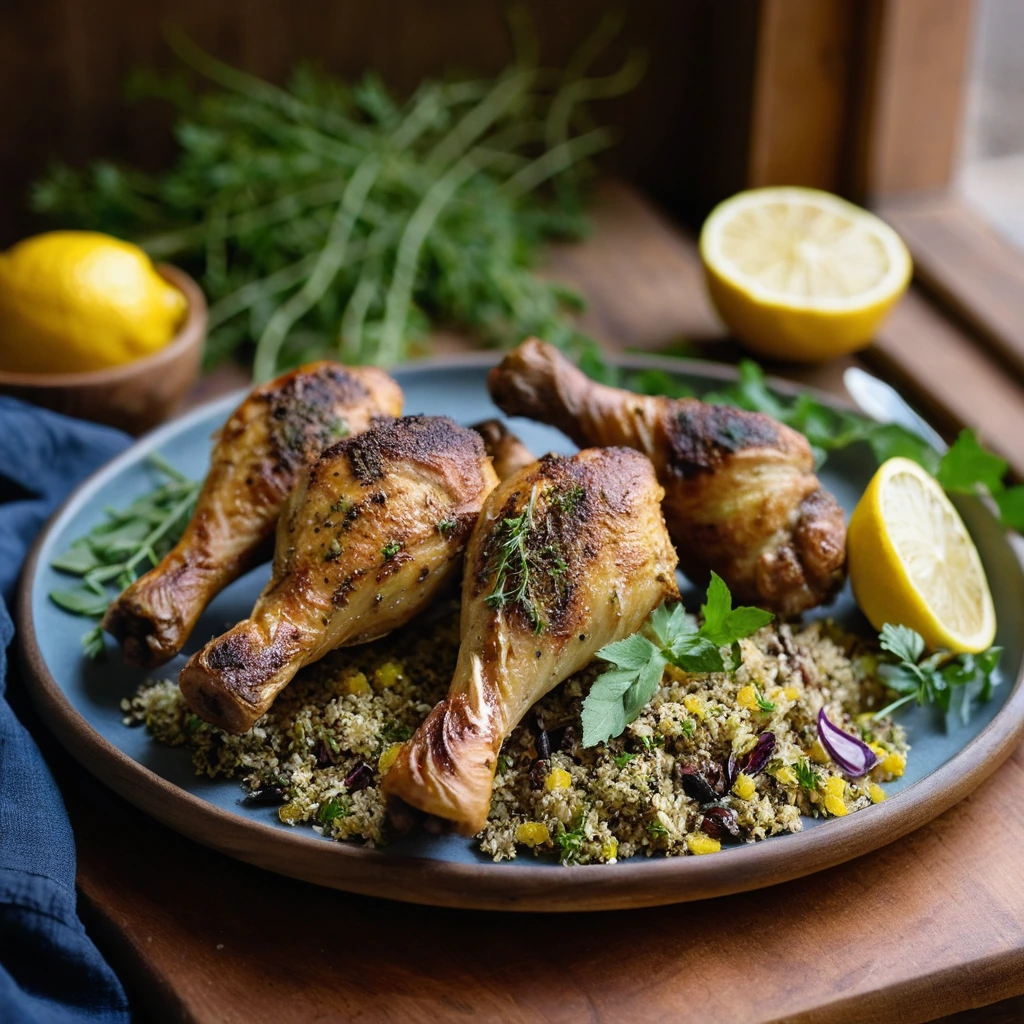 Golden roasted chicken drumsticks nestled beside vibrant yellow lemon quinoa on a rustic wooden platter.