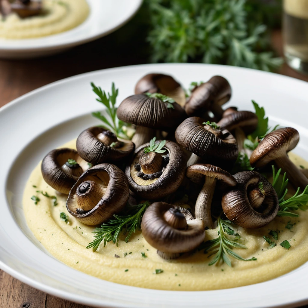 Golden roasted mushrooms on a mound of creamy yellow polenta, garnished with green herbs.