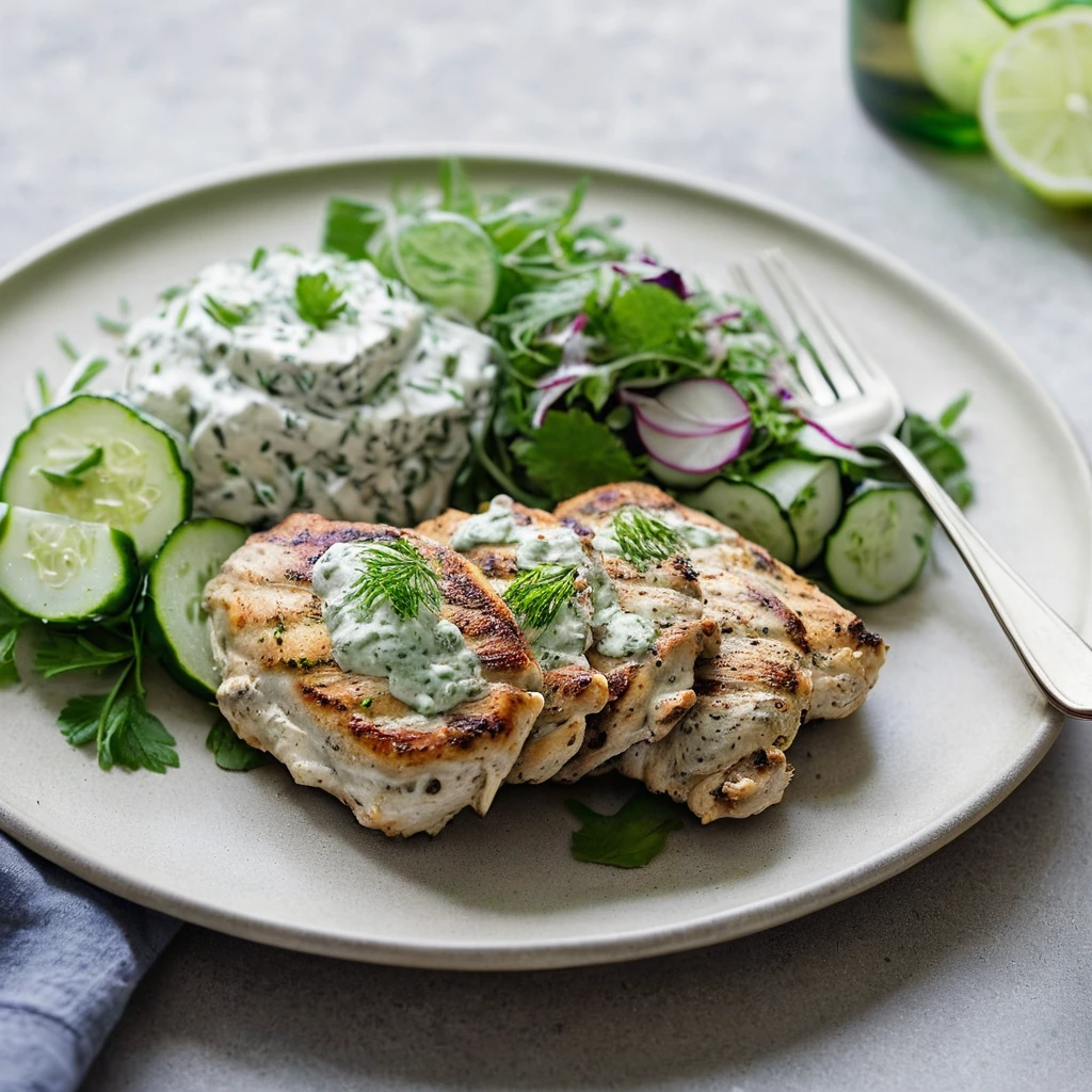 Grilled chicken thighs on a plate with a vibrant green cucumber salad on the side